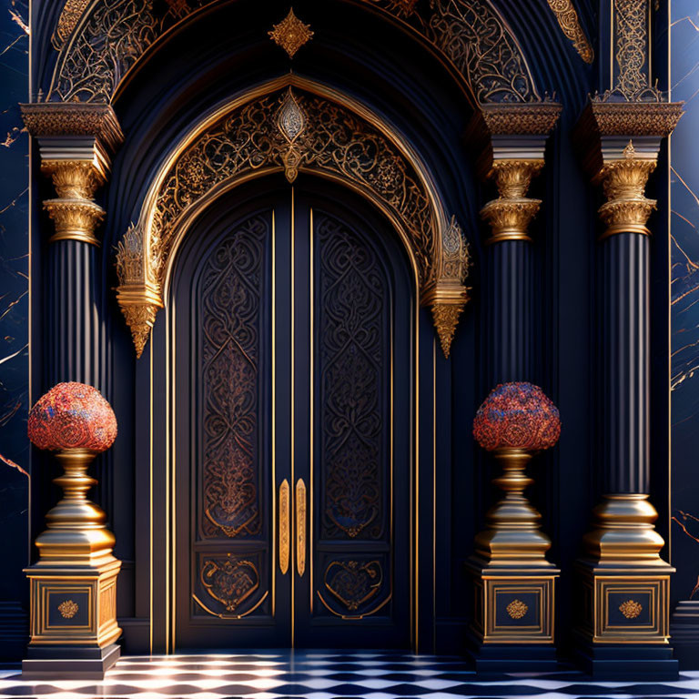 Black and Gold Ornate Door with Columns and Vases on Luxurious Background