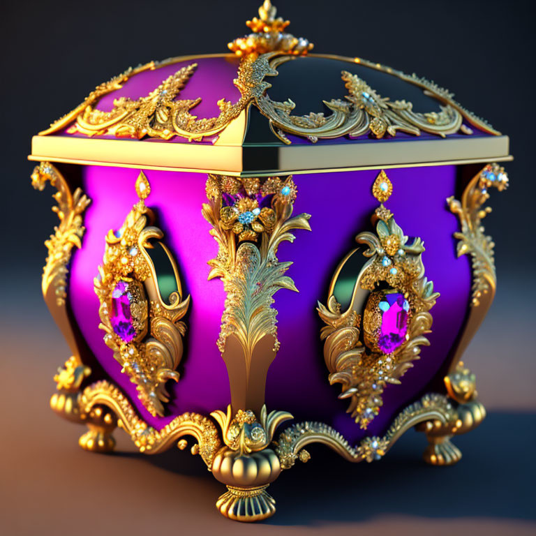 Luxurious Purple and Gold Ornate Container with Intricate Patterns and Purple Gemstones