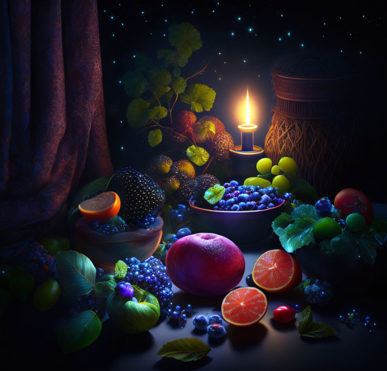 Fruit and candle still life under starry night sky