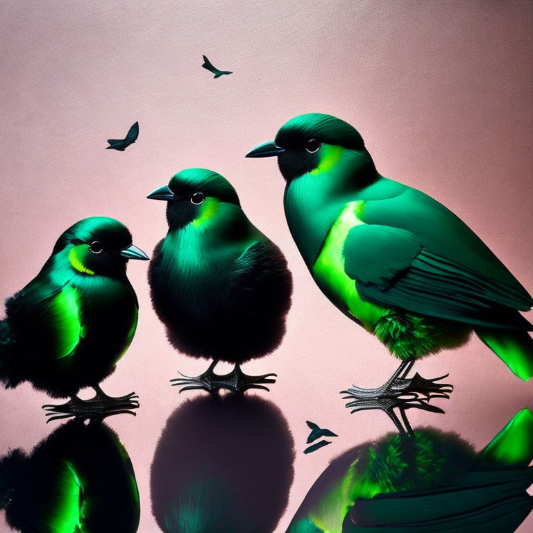 Stylized green birds with shadows on pink background and flying silhouettes