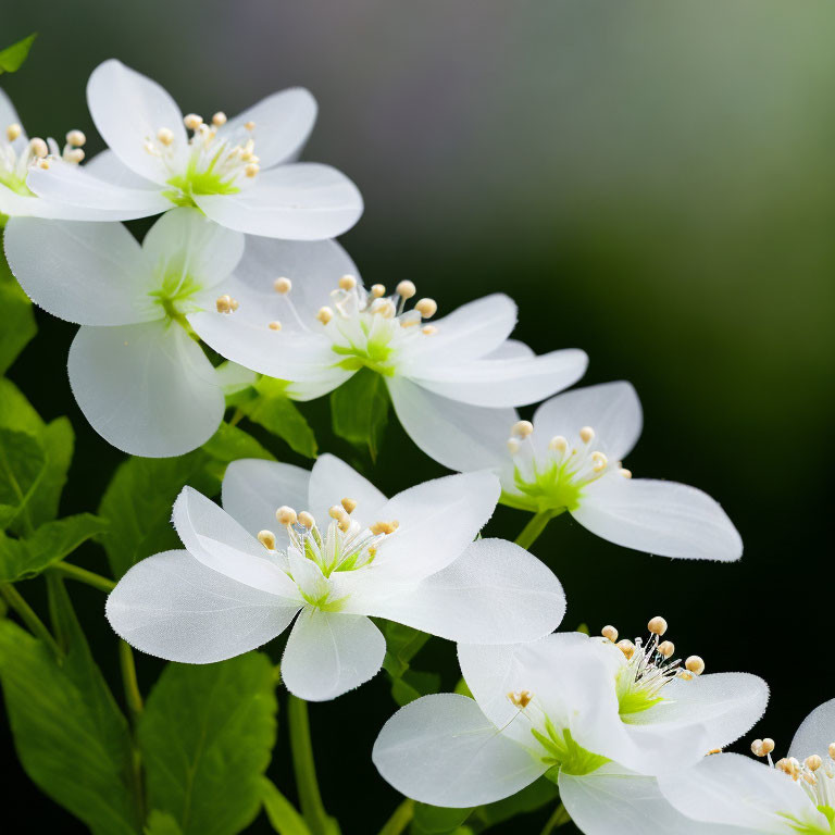 Delicate white flowers with yellow stamens on green backdrop