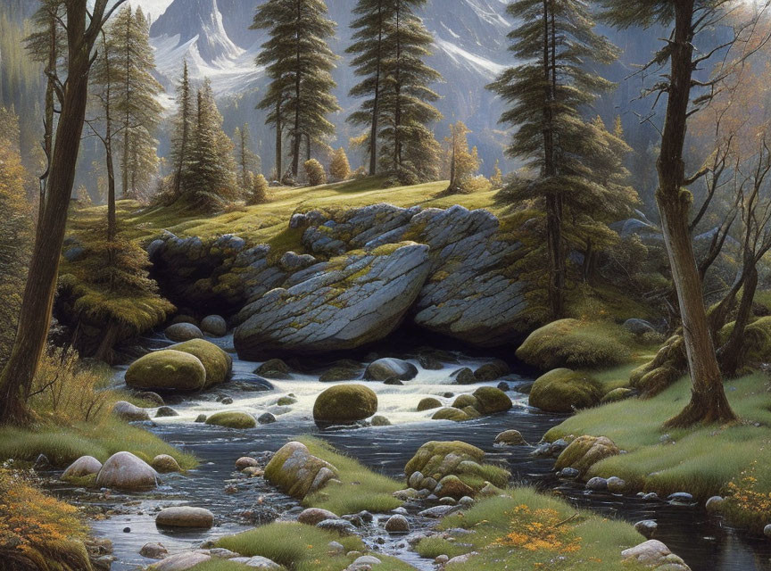 Tranquil forest scene with stream, rocks, pine trees, and snowy mountains