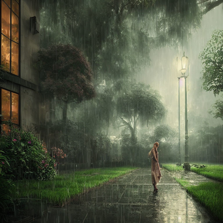 Rainy twilight stroll along lush greenery with lamppost and glowing windows