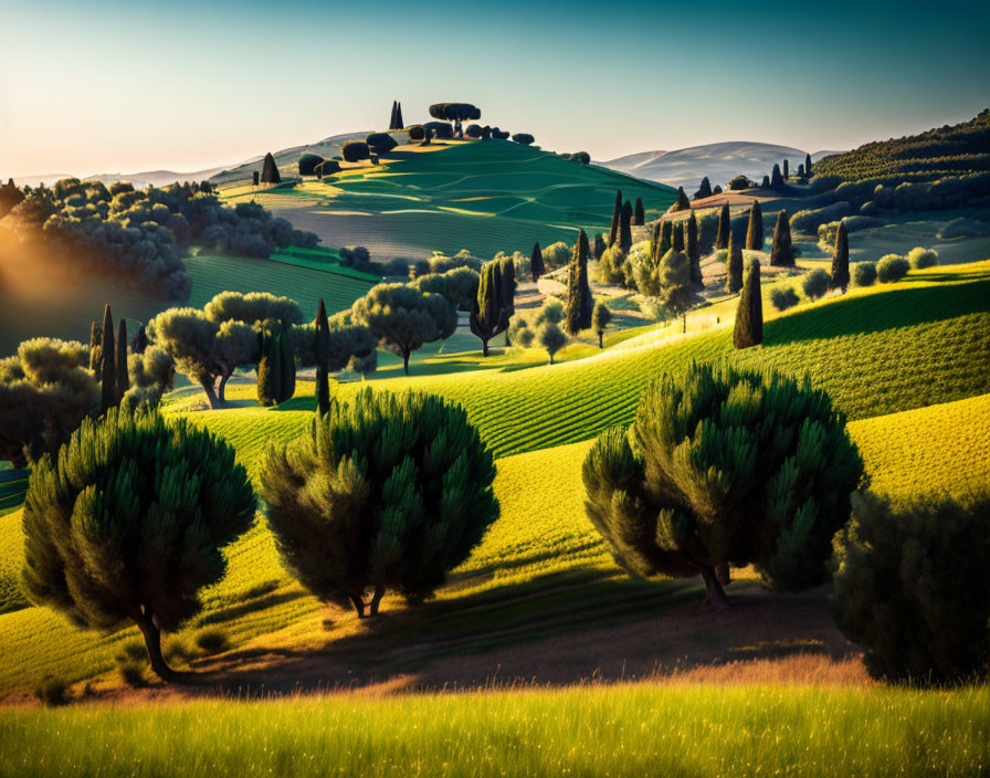 Tranquil Tuscan landscape with rolling hills and cypress trees