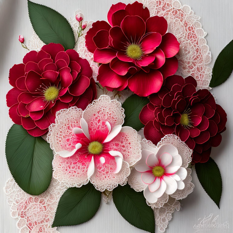 Colorful Paper Flowers: Red, Pink, Green, and White Lace on Light Background