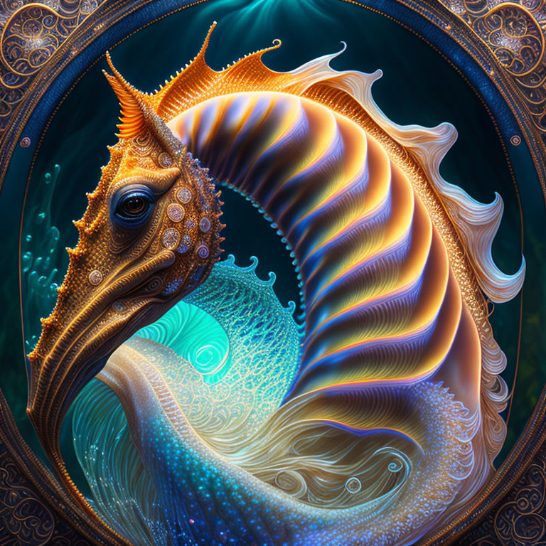 Colorful Stylized Seahorse Artwork in Surreal Oceanic Background