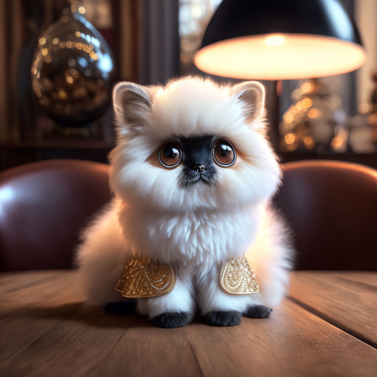 Fluffy White Cat with Large Eyes and Golden Embellishments on Wooden Table