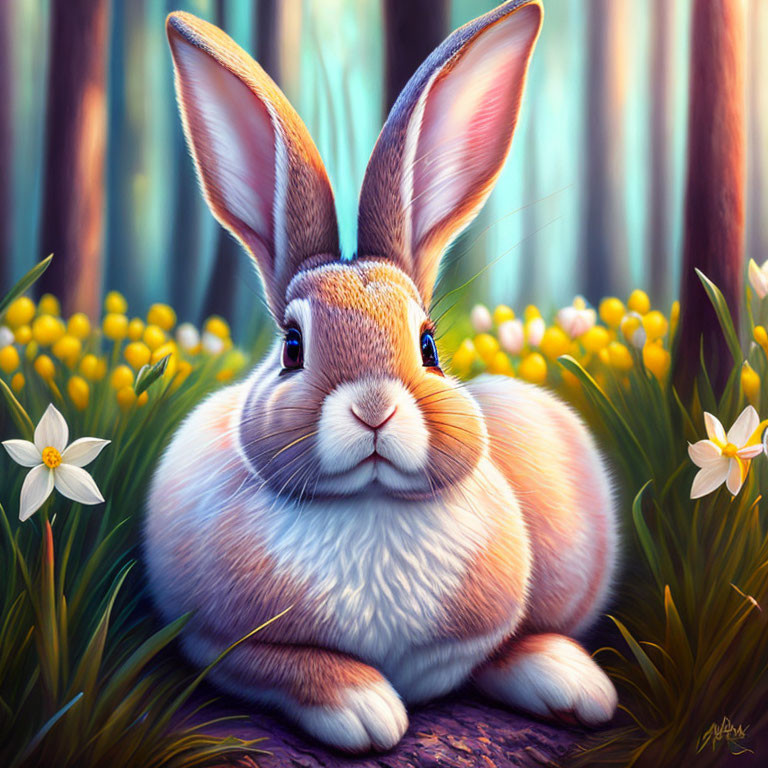 Detailed Digital Illustration of Plump Rabbit in Enchanted Forest