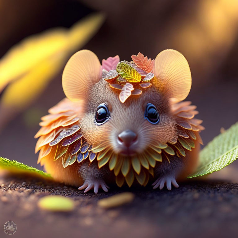 Whimsical digital illustration of a mouse with leaf-like ears in warm autumn colors