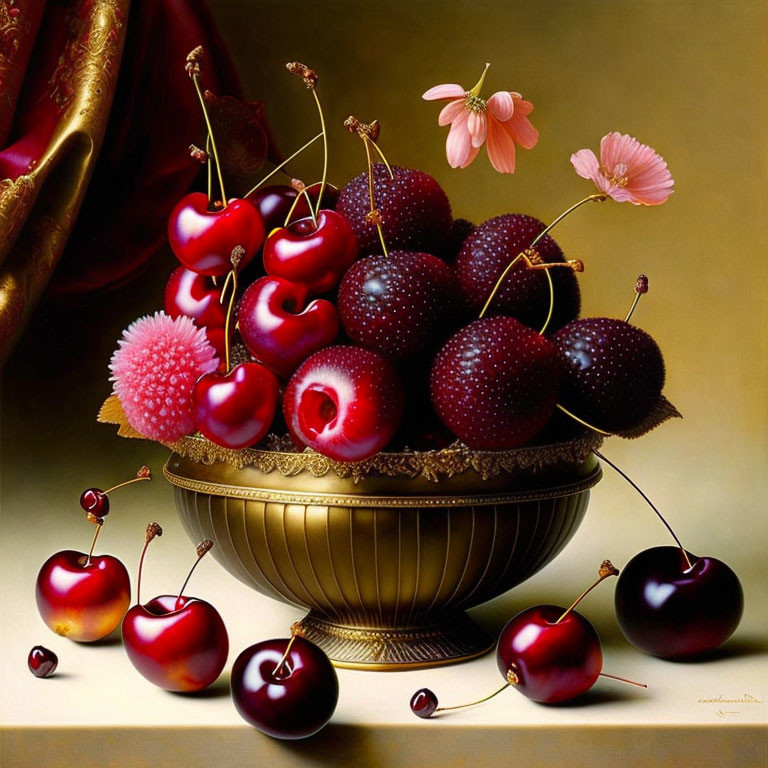 Hyperrealistic Painting of Cherries in Golden Bowl with Pink Flowers