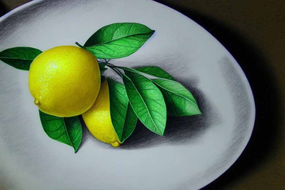 Bright Lemons with Green Leaves on White Plate: Illusion of Depth