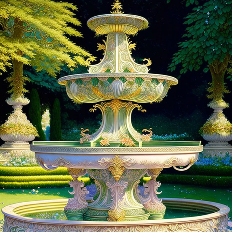 Nighttime Illuminated Multi-Tiered Fountain in Manicured Gardens