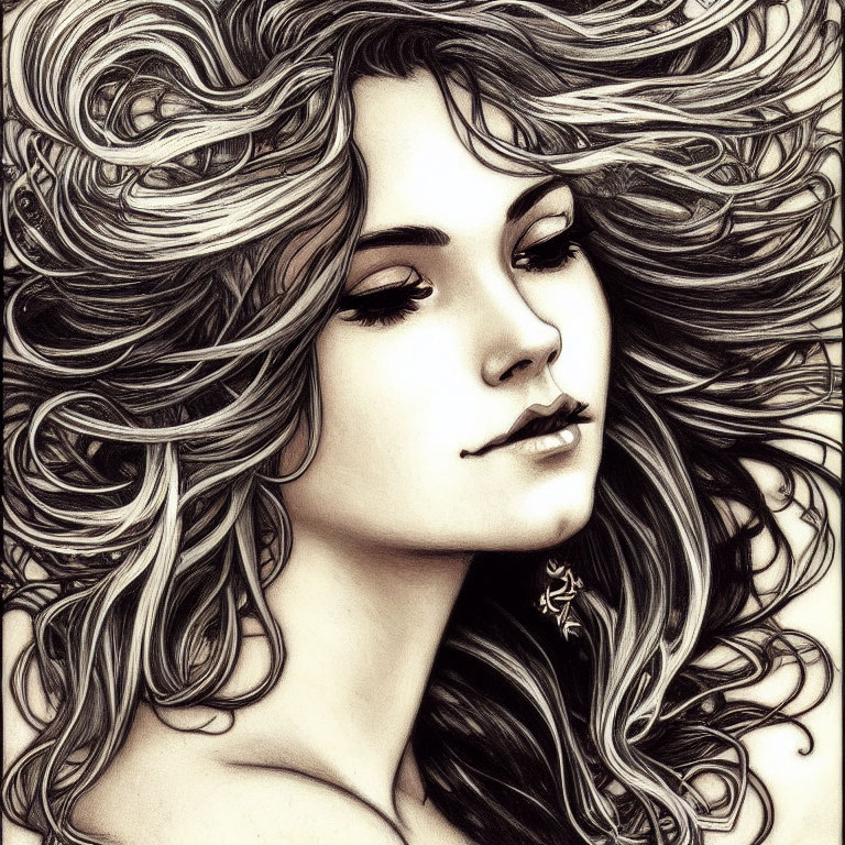 Detailed black and white illustration of woman with flowing curly hair and serene expression.