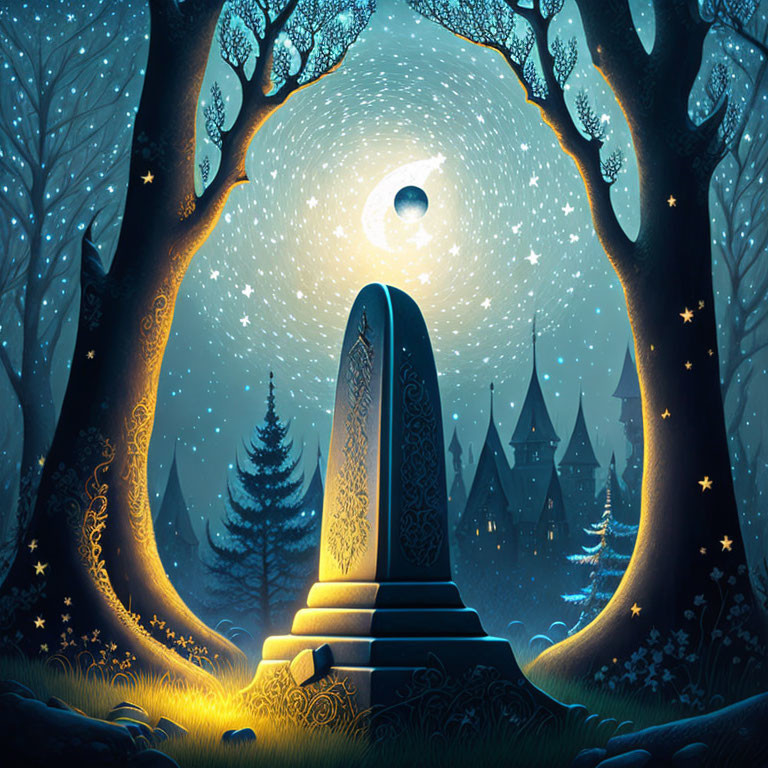 Enchanted night scene with magical gate, glowing symbols, starry sky, and distant castle.