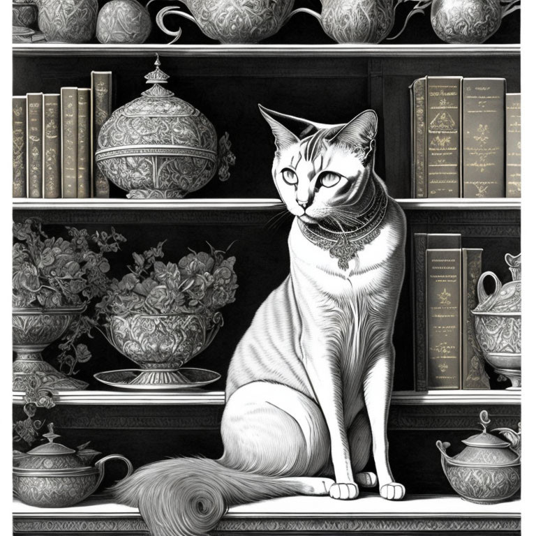 Detailed cat illustration on shelf with pottery and books