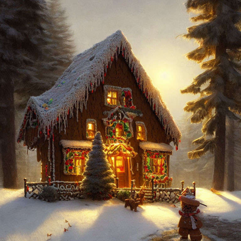 Snow-covered cottage with Christmas decorations and snowman in twilight winter scene