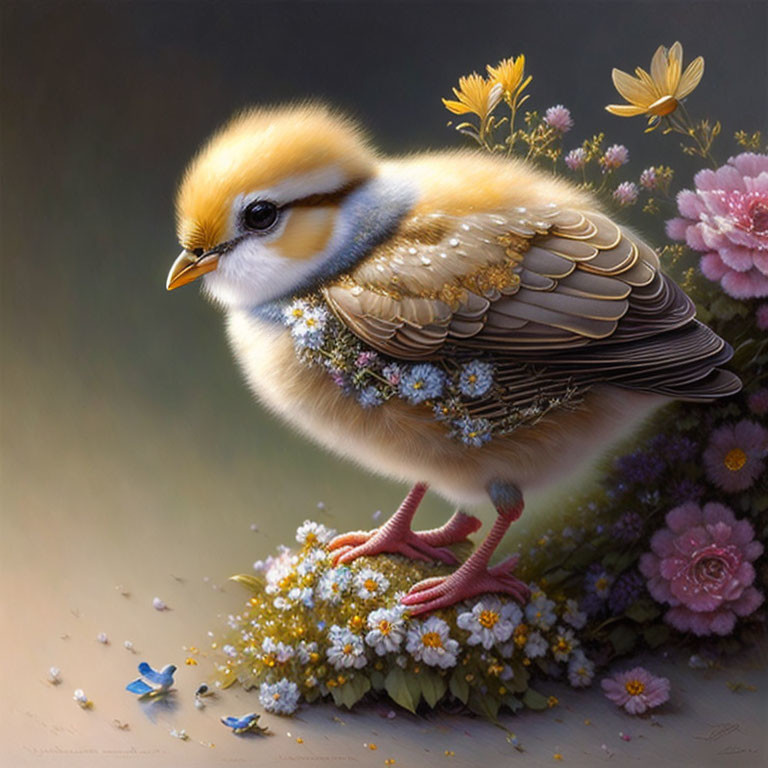 Fluffy white and brown chick with flowers and butterfly