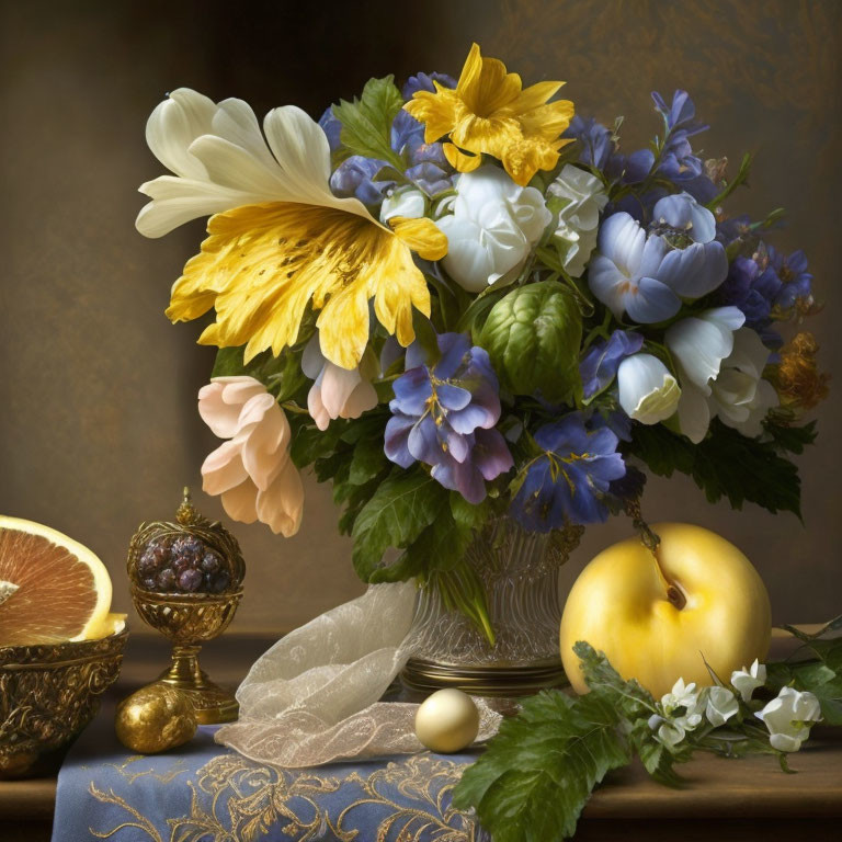 Colorful Still Life with Flowers, Fruits, and Fabric Surface