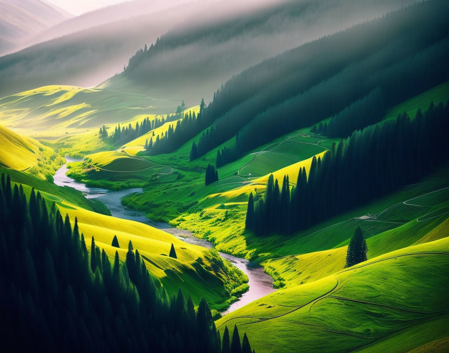 Green hills, winding river, mist: serene nature scene