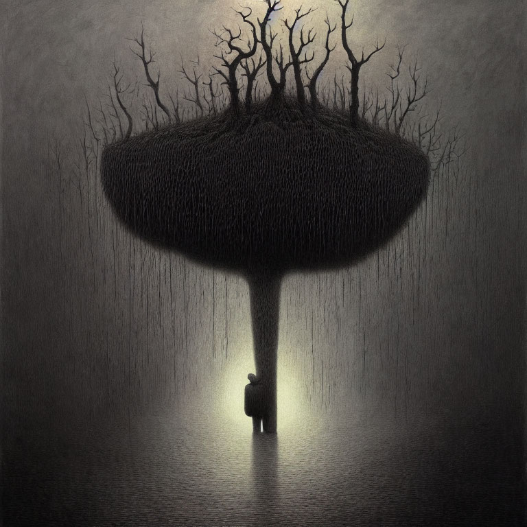 Surreal mushroom-shaped tree in misty environment