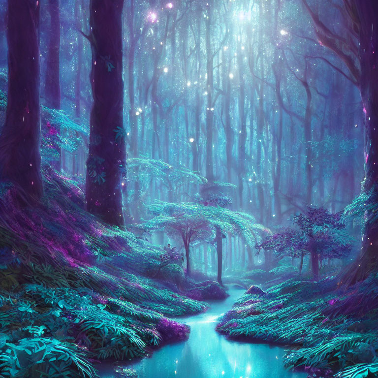 Enchanting Forest with Purple and Blue Hues and Serene River