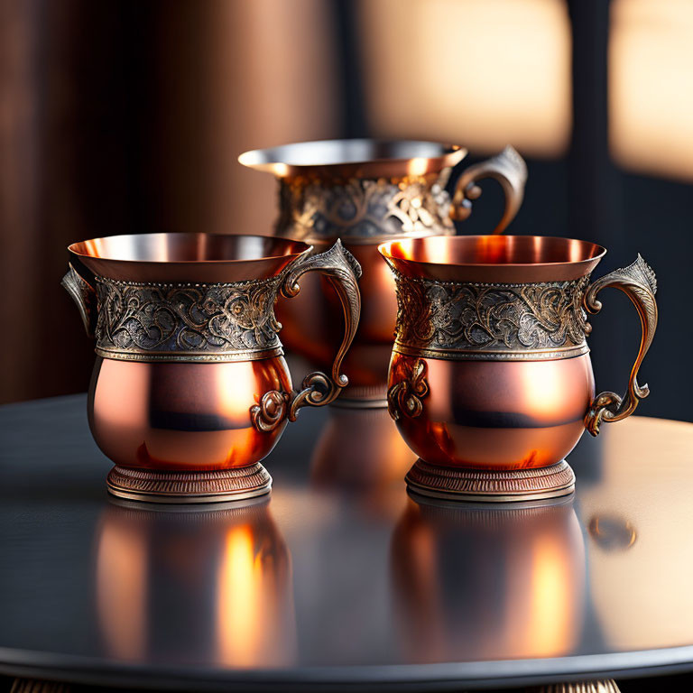 Three ornate copper mugs with silver detailing on reflective surface