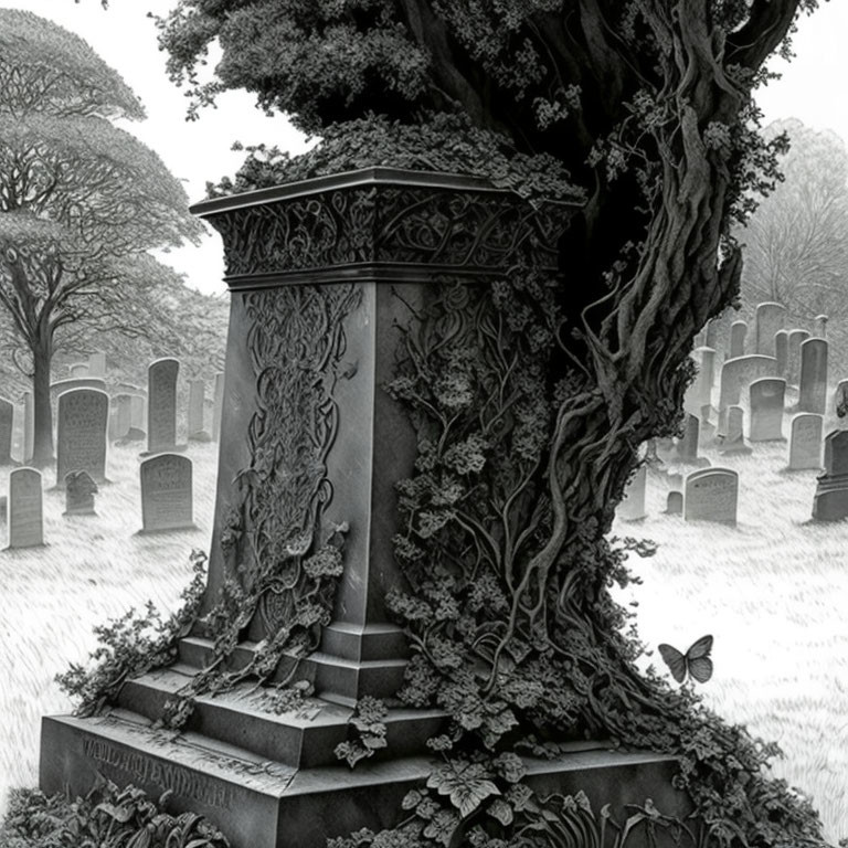 Ornate tombstone covered in ivy in misty graveyard