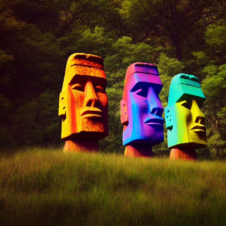 Vibrant Color Gradient Stone Heads in Forest Setting