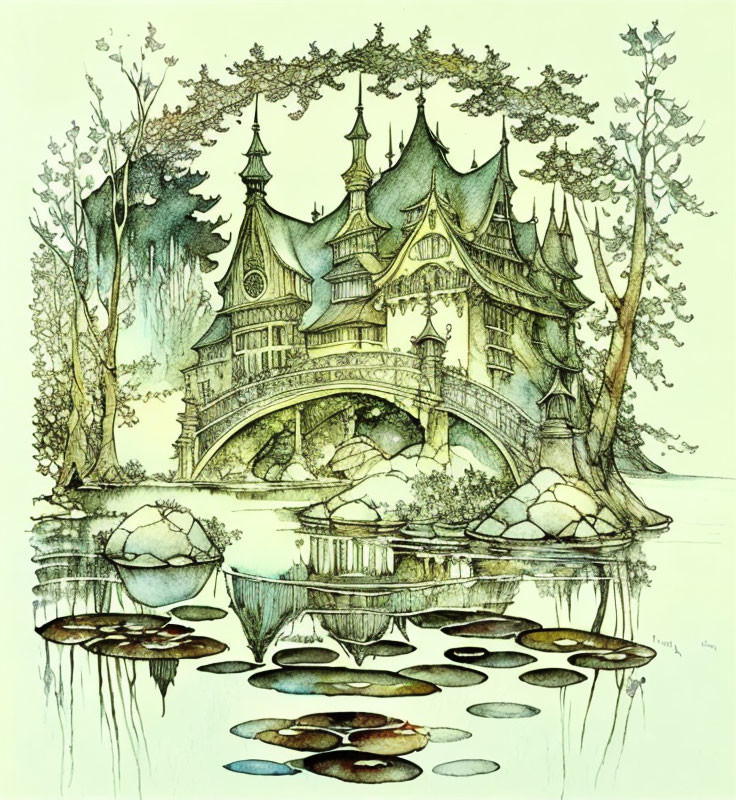 Ethereal ink drawing of whimsical treehouse in serene pond