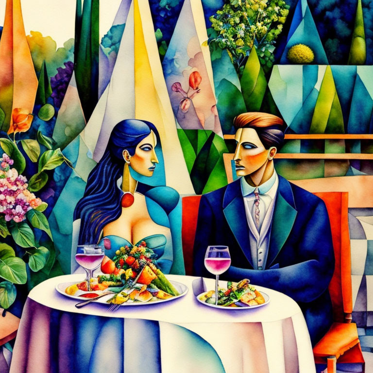 Vibrant painting of man and woman dining with geometric shapes and lush flora