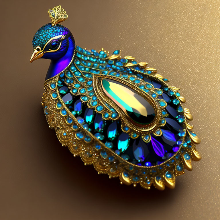 Vibrant jeweled peacock digital art with blue and green hues