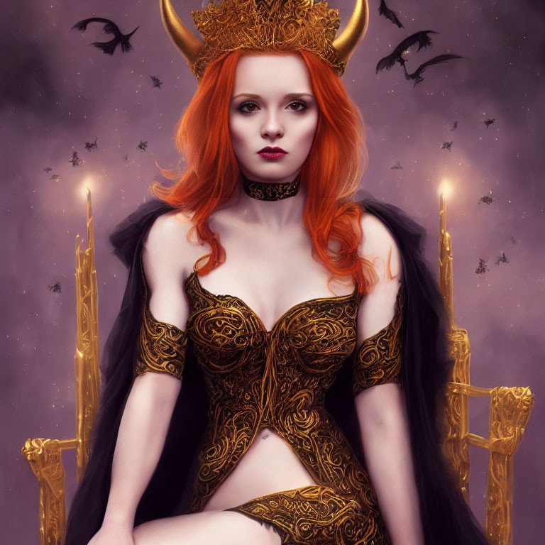 Red-haired woman in gold and black bodice with crown and dark cape, surrounded by candles and bats