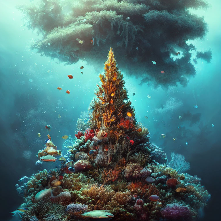 Colorful coral reef with tree structure in underwater scene.