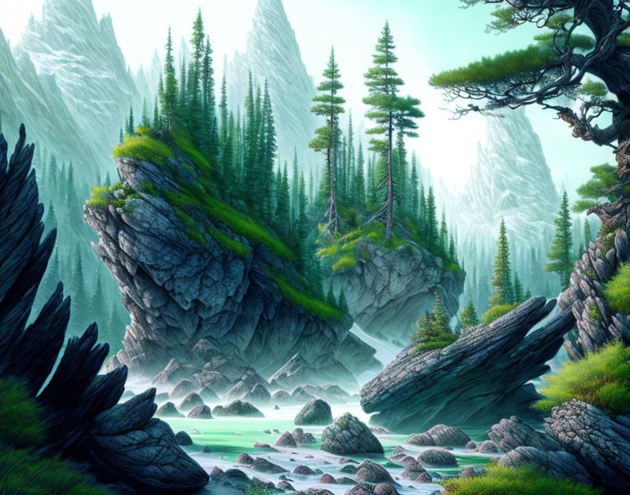 Tranquil digital art: lush green forest, tall pine trees, rocky cliffs, turquoise lake