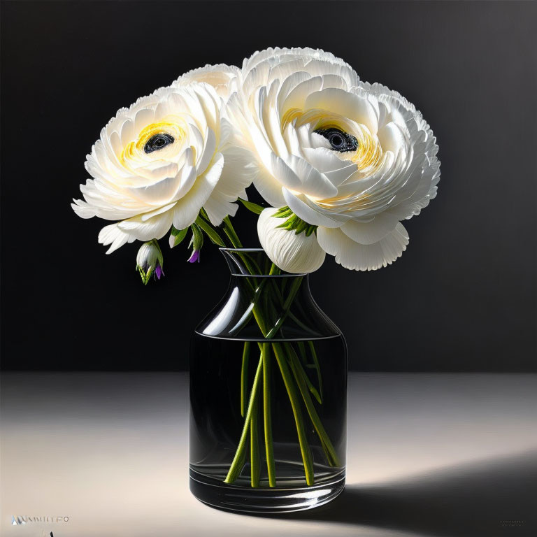 Realistic White Ranunculus Flowers in Glass Vase on Dark Gradient Background