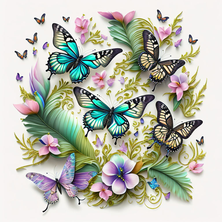 Colorful Butterfly and Floral Artwork on Pale Background