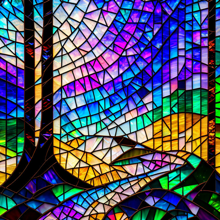 Vibrant Blues, Purples, and Yellows in Stained Glass Window