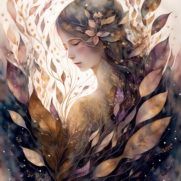 Ethereal woman surrounded by golden leaves and white flowers