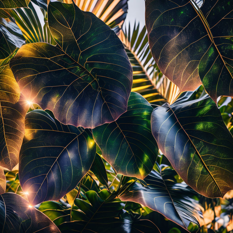 Vibrant tropical leaves against blue sky and sun glow