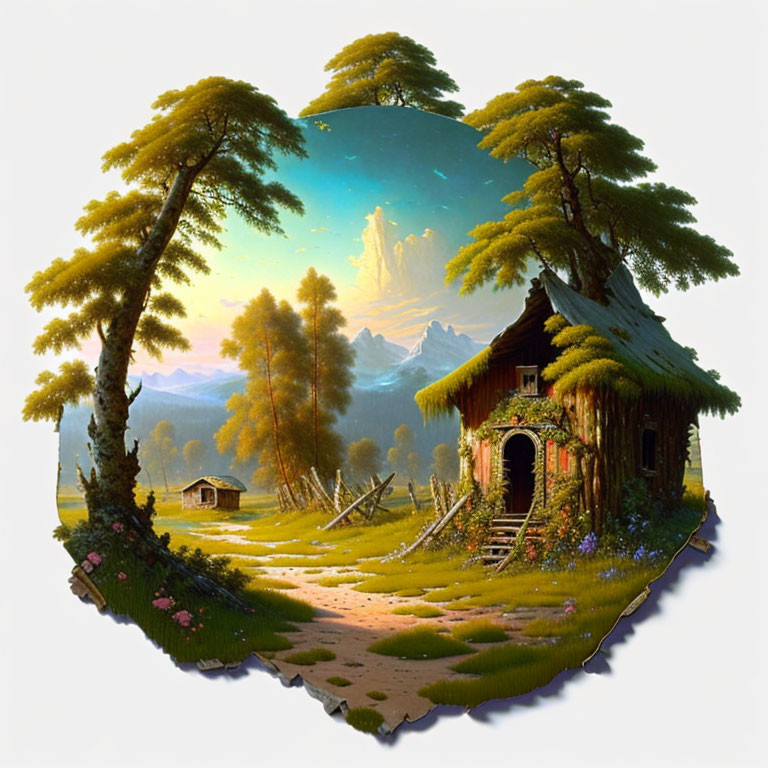 Circular landscape featuring cozy cottage, lush trees, serene valley, distant mountains.