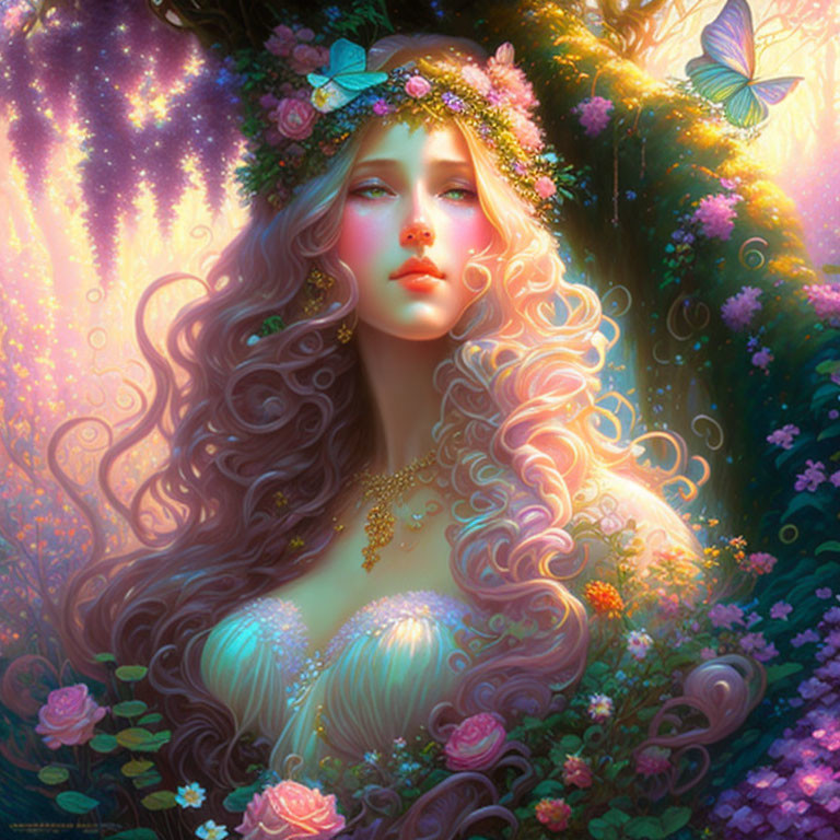 Illustration: Woman with flowing hair in enchanted forest landscape