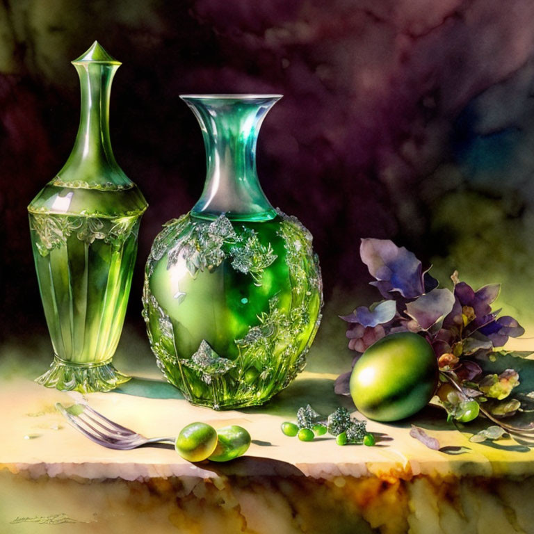 Three elegant green glass vases with intricate patterns and various decorative items on a table