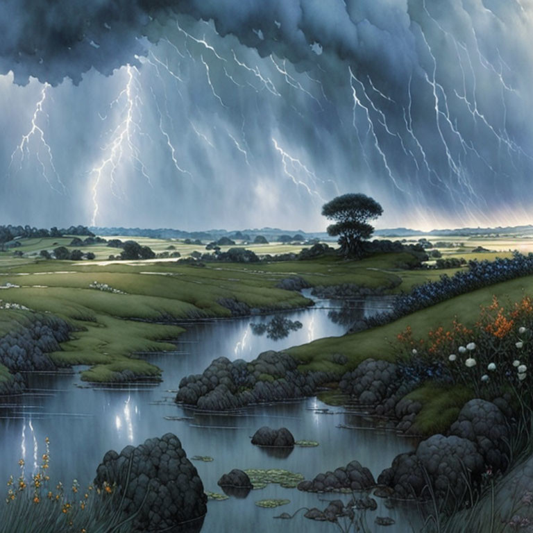 Dramatic landscape with single tree, rolling hills, still river, stormy sky, lightning.