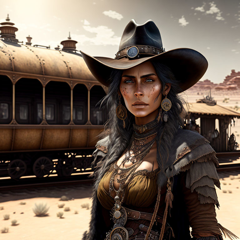 Western-themed digital illustration with woman in cowboy attire by vintage train.