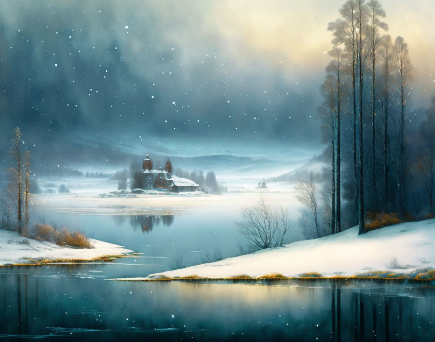 Snowy Church and Lake in Winter Night Scene