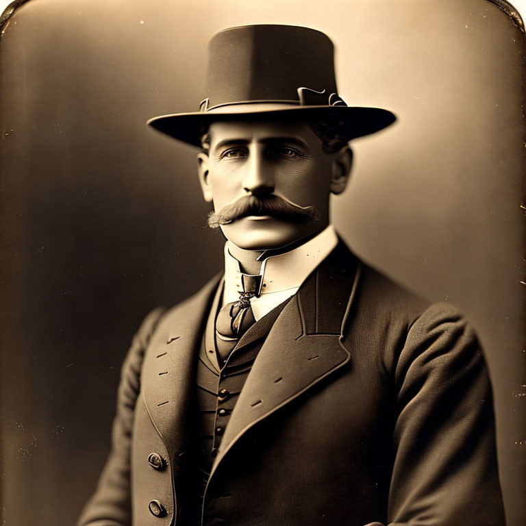 Vintage Portrait: Man with Mustache in Top Hat, Suit, Bow Tie