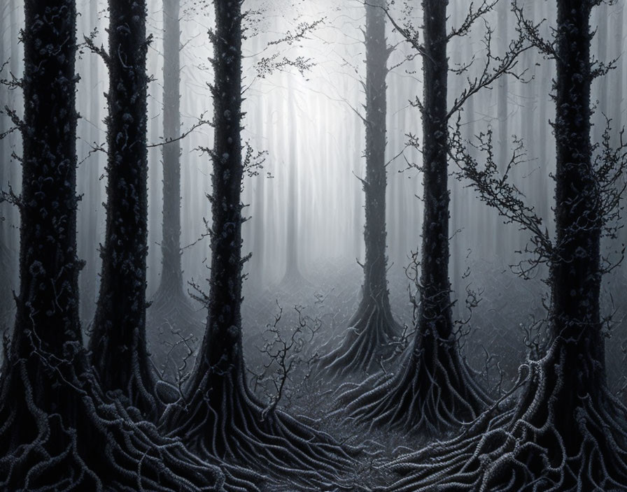 Misty surreal forest with silhouetted trees and intricate root systems