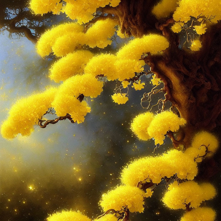 Mystical tree with bright yellow foliage and glowing particles against dark starry sky