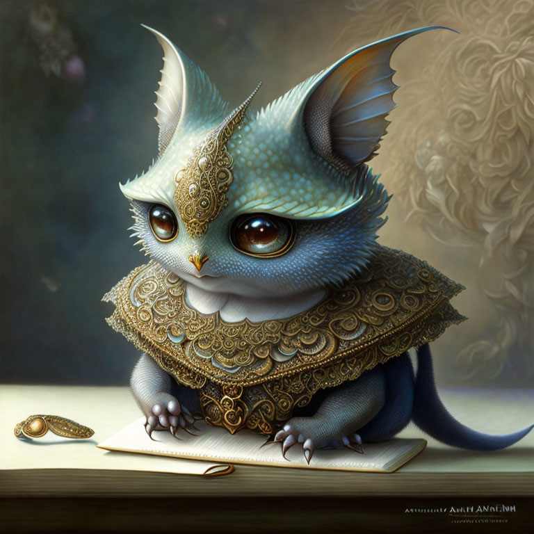 Whimsical cat-like creature with large ears and eyes, ornate collar, quill, and