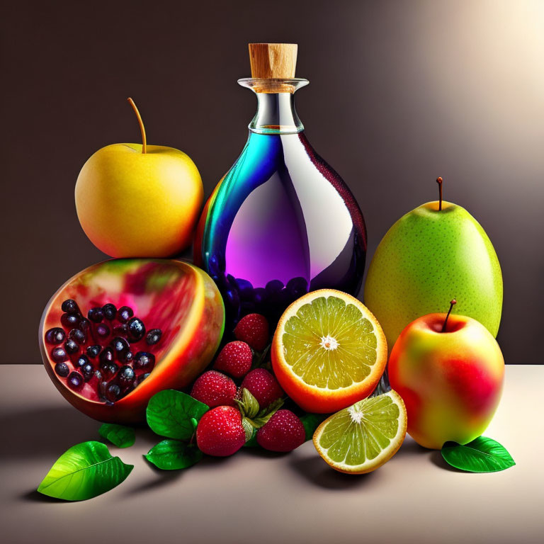 Colorful Fruit Still Life with Glass Bottle